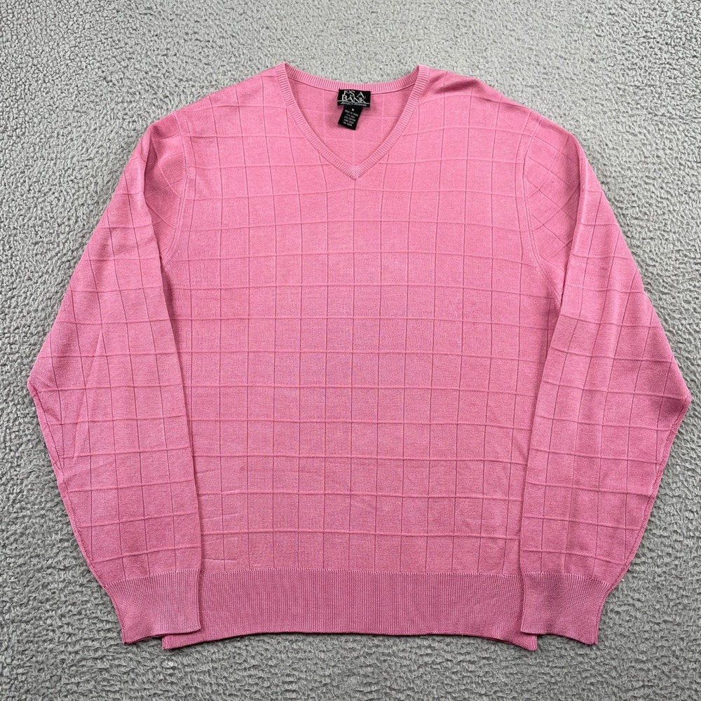 Jos. A. Bank Sweater Mens M Pink‎ Signature Collection Silk Cotton V-Neck Grid